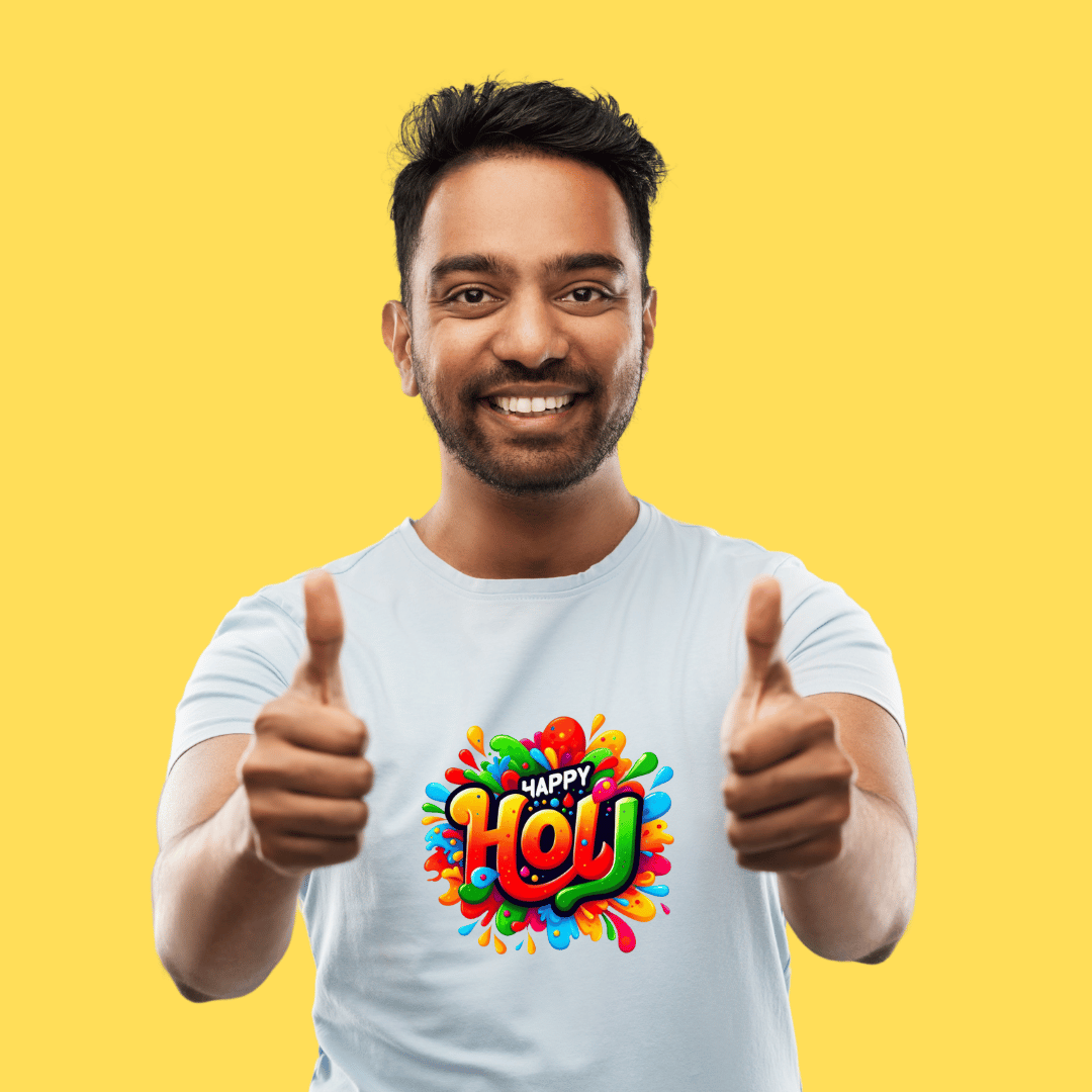 Happy Holi Festival Graphic T-Shirt, White Cotton, Colourful Print Design